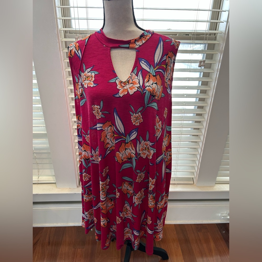 Pink Coconut Floral Midi Dress with a keyhole front - Pink and Orange